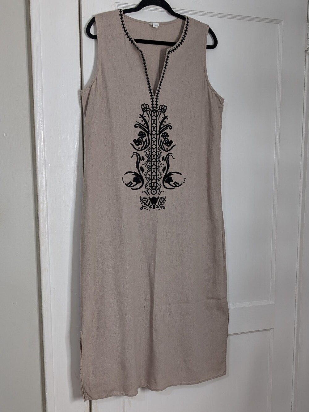 Sigrid Olsen Linen Sleeveless Midi Embroidered Shift Dress L Boho Coastal Taupe - Picture 2 of 6